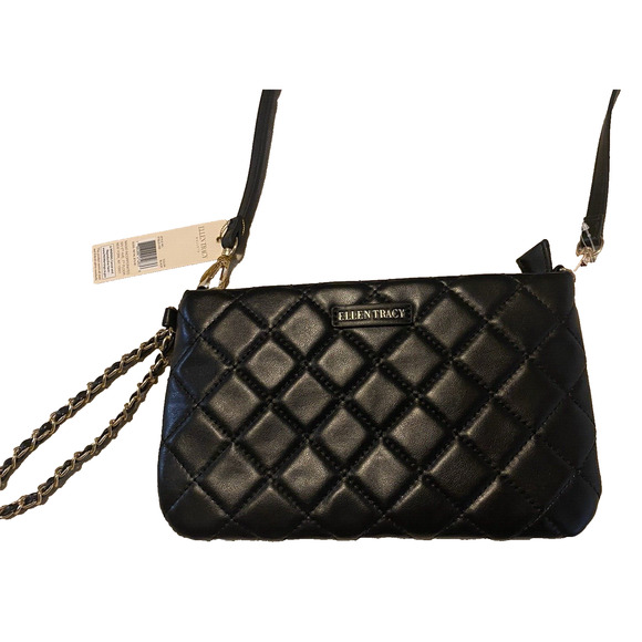 NWT Ellen Tracy Purse Black Diamond Quilted Collection Wristlet Detachable Strap - Picture 3 of 9